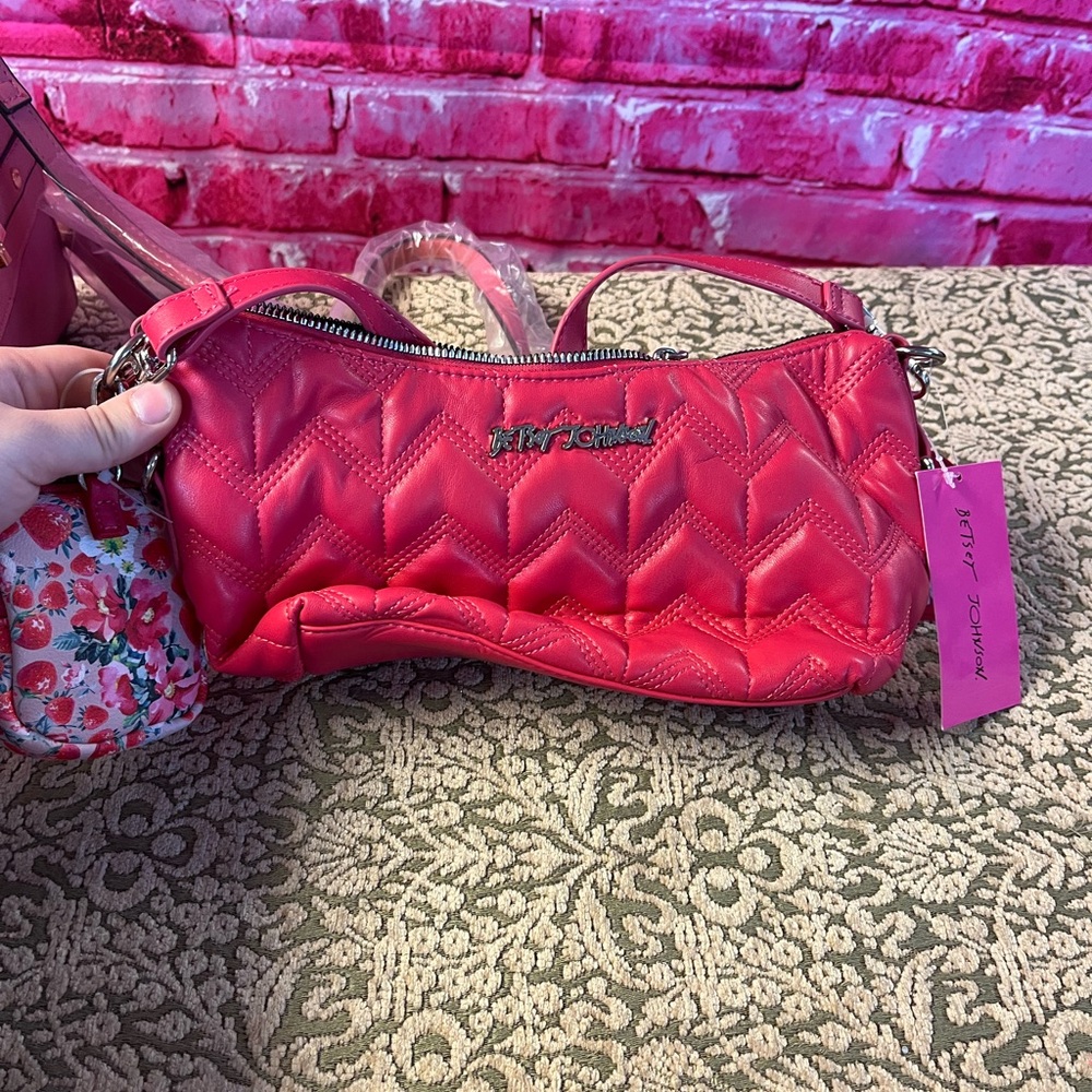 Betsey Johnson Pink Quilted Crossbody Bag & Pouch Keychain NWTS